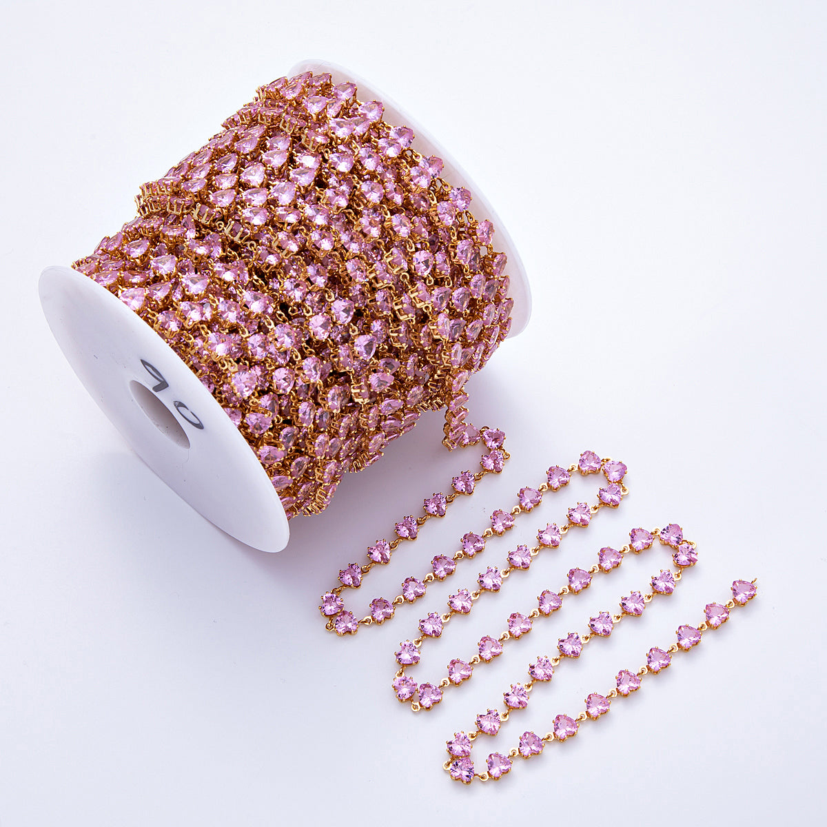 18K Gold Filled 6.5mm Pink Heart CZ Gemstone Unfinished Chain by Yard | Roll-01832
