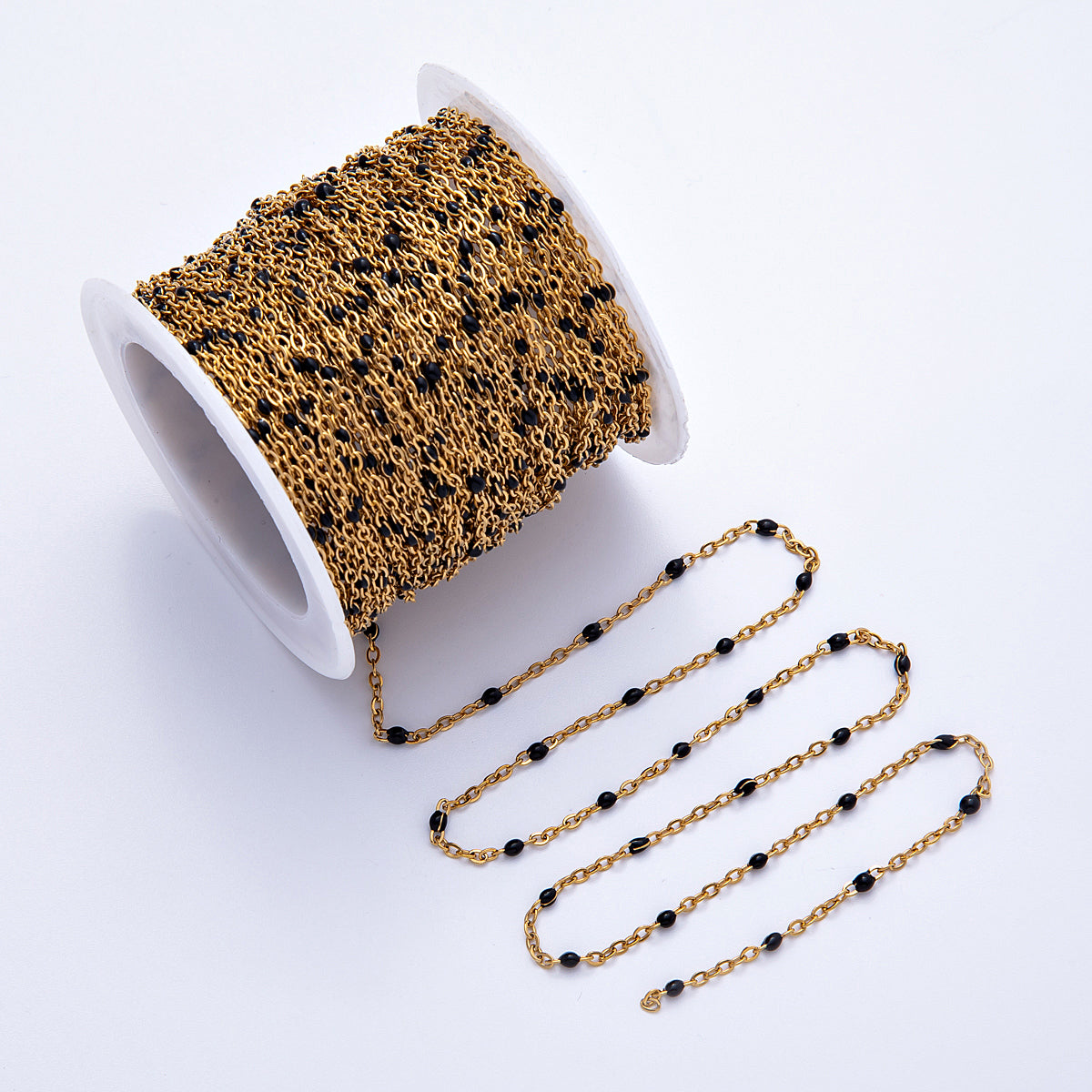 18K Gold PVD Stainless Steel 1.8mm Black CZ Multifaceted Bead Satellite Unfinished Chain by Yard | Roll-01836