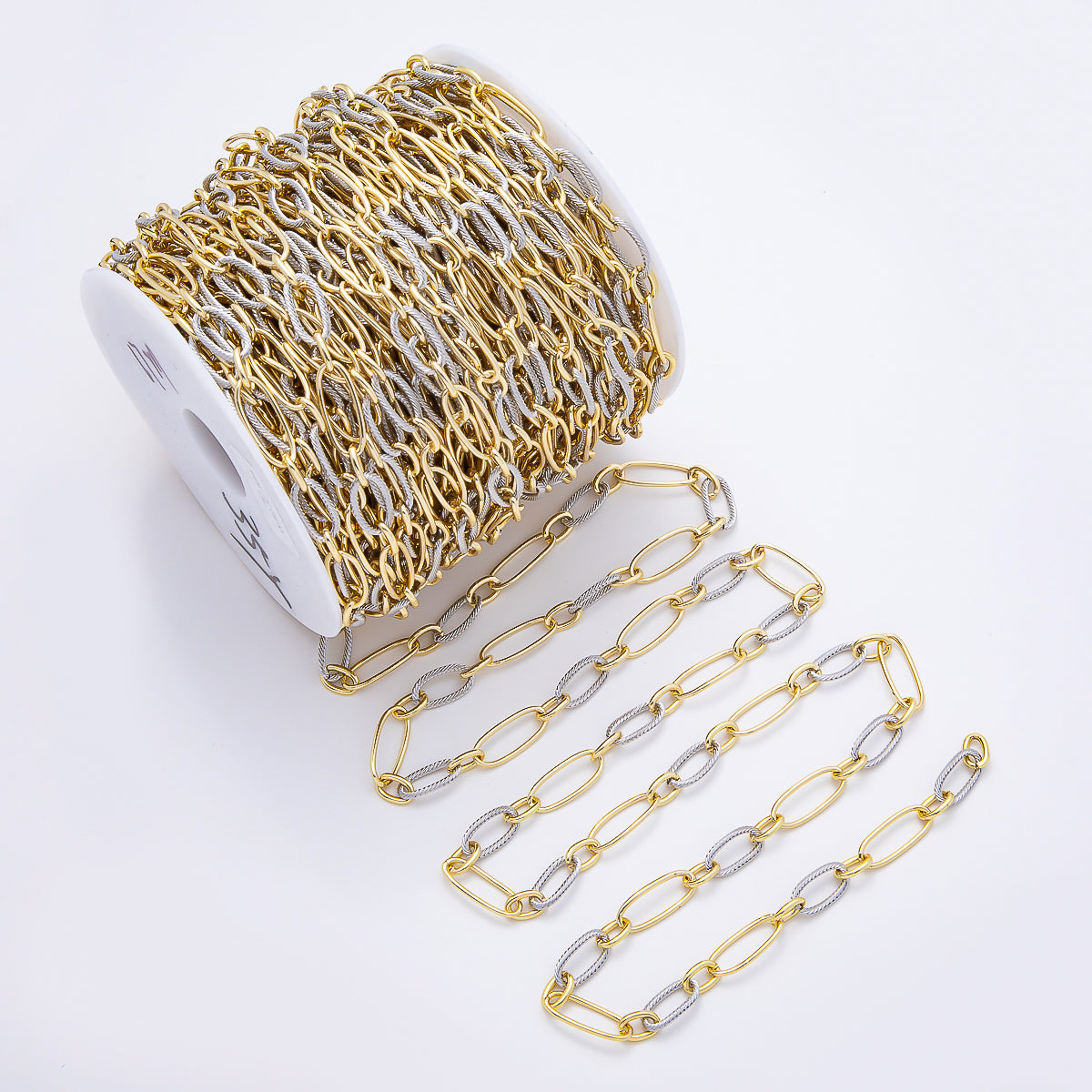 16K Gold Filled Ribbed Oval Mixed Metal Unfinished Chain by Yard | Roll-01877