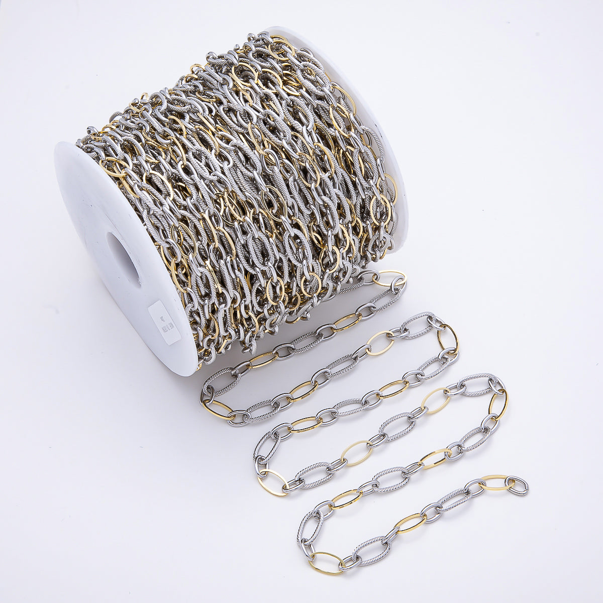 16K Gold Filled Silver Ribbed Oval Mixed Metal Unfinished Chain by Yard | Roll-01878