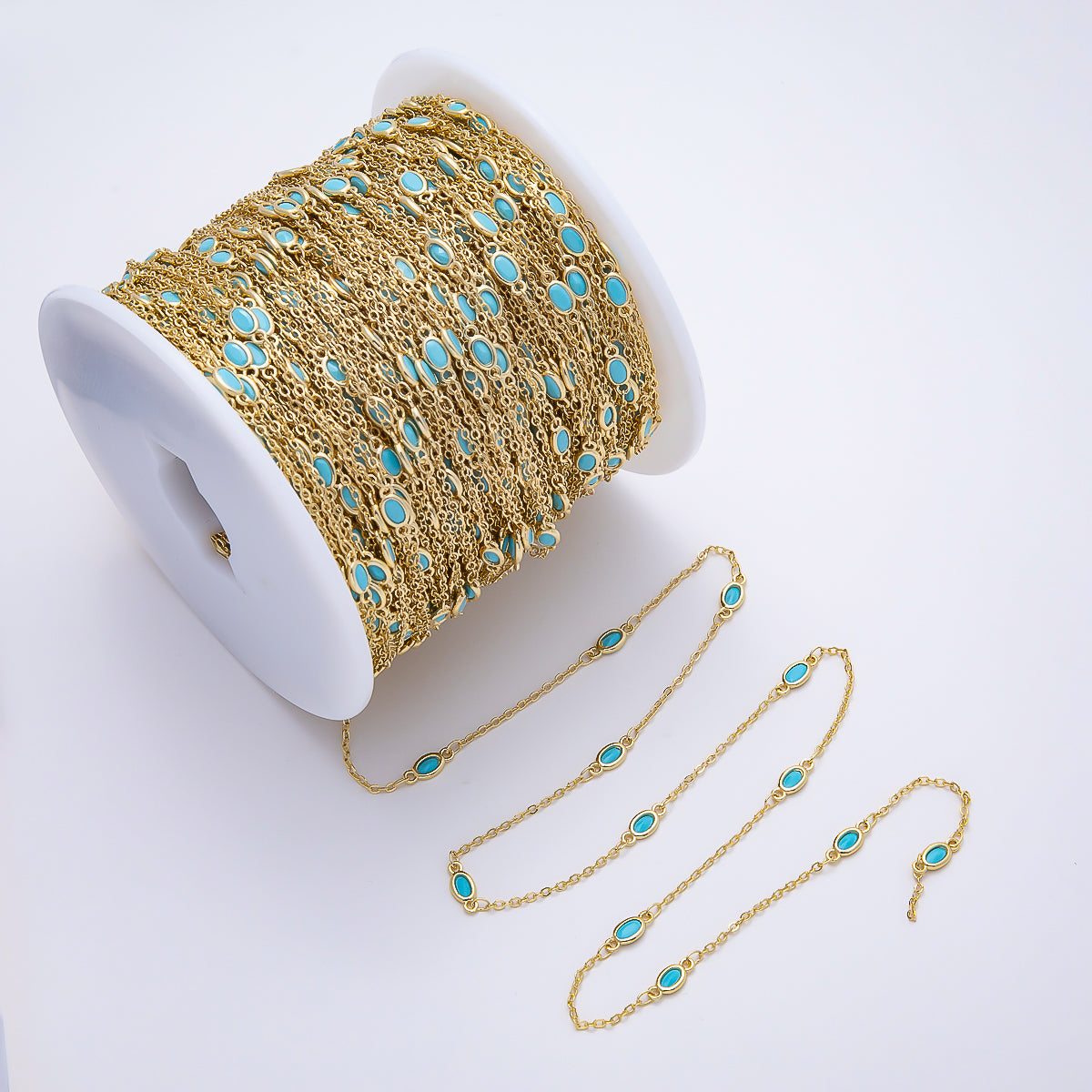 16K Gold Filled 4mm Blue Turquoise Oval Bezel Satellite Gemstone Chain by Yard | Roll-01888