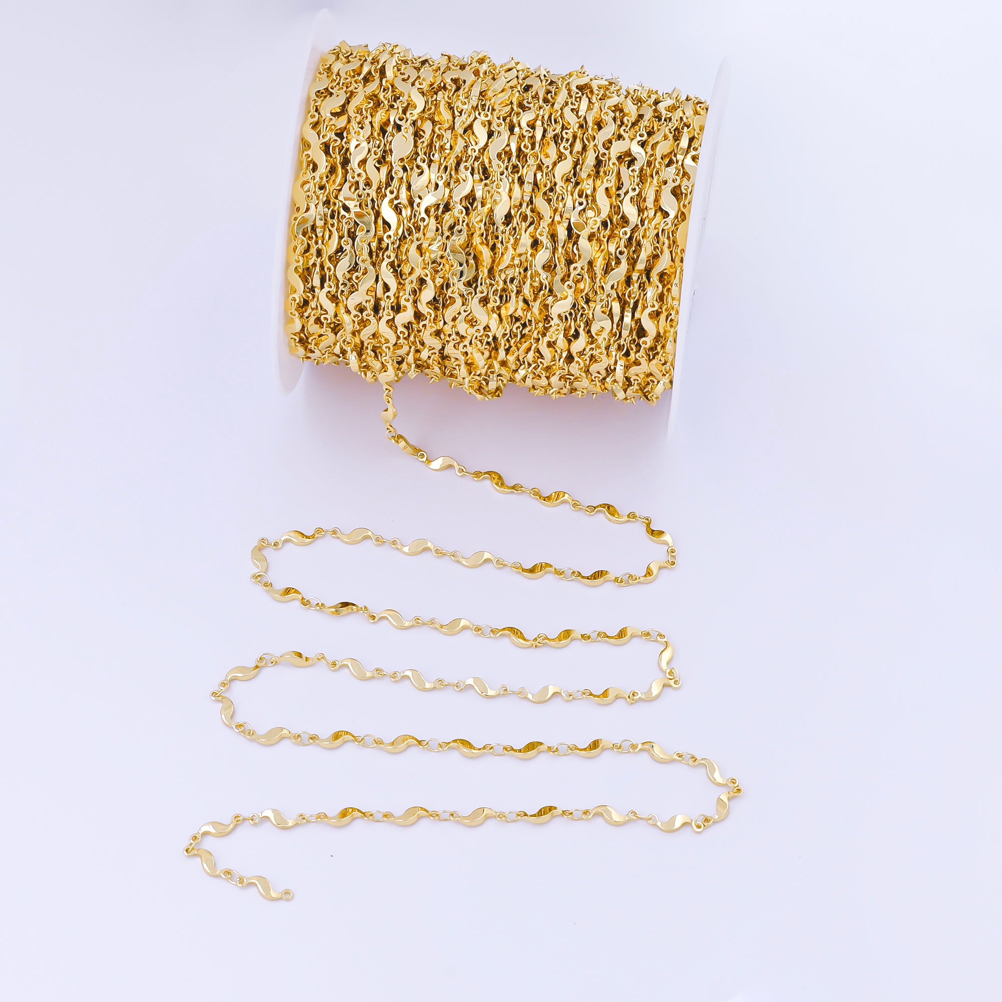 24K Gold Filled 3.5mm Geometric Curved Link Unfinished Chain by Yard in Gold & Silver | Roll-2011 Roll-2012