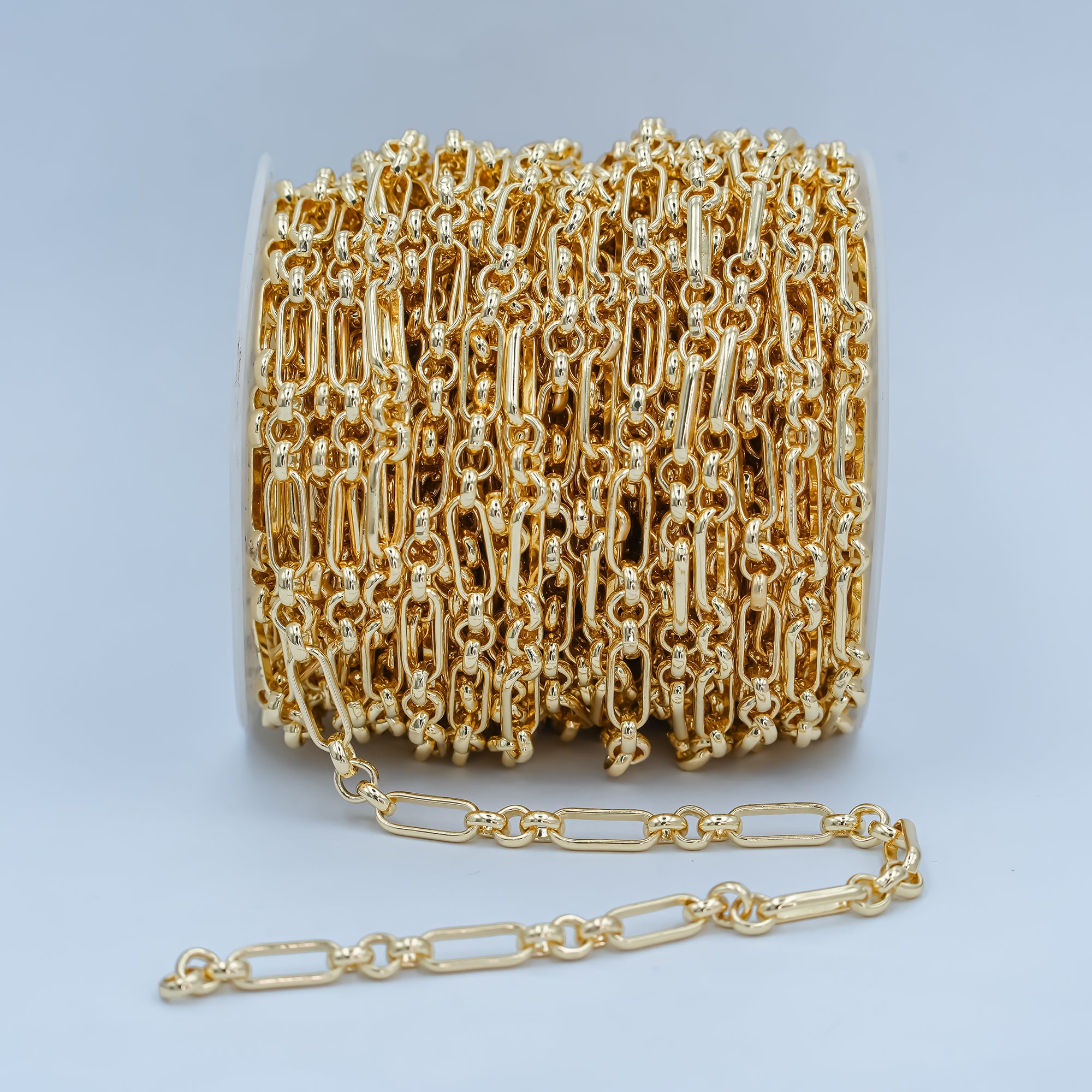 24K Gold Filled Chain By Yard, Figaro Fancy Long and Short Unfinished Chain, Wholesale Bulk Roll Chain For Jewelry Making, Size 12x5mm | ROLL-233