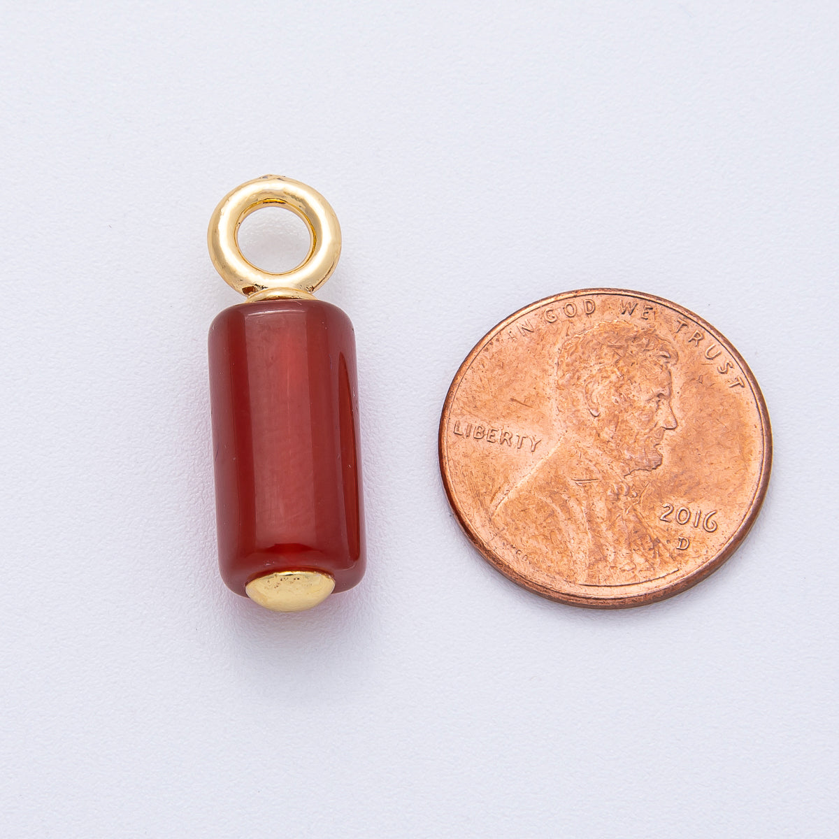 18K Gold Filled 26mm Red Carnelian Gemstone Cylinder Tube Drop Charm | AK145