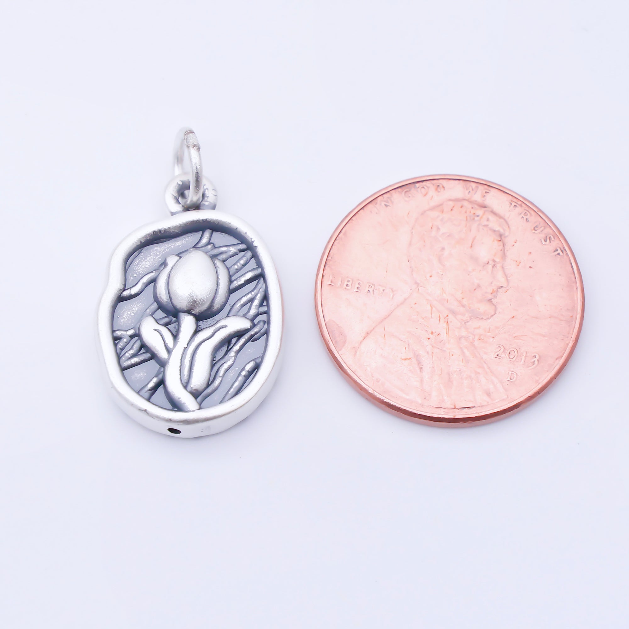 S925 Sterling Silver 20mm Rose Flower Textured Oval Charm | SL-703