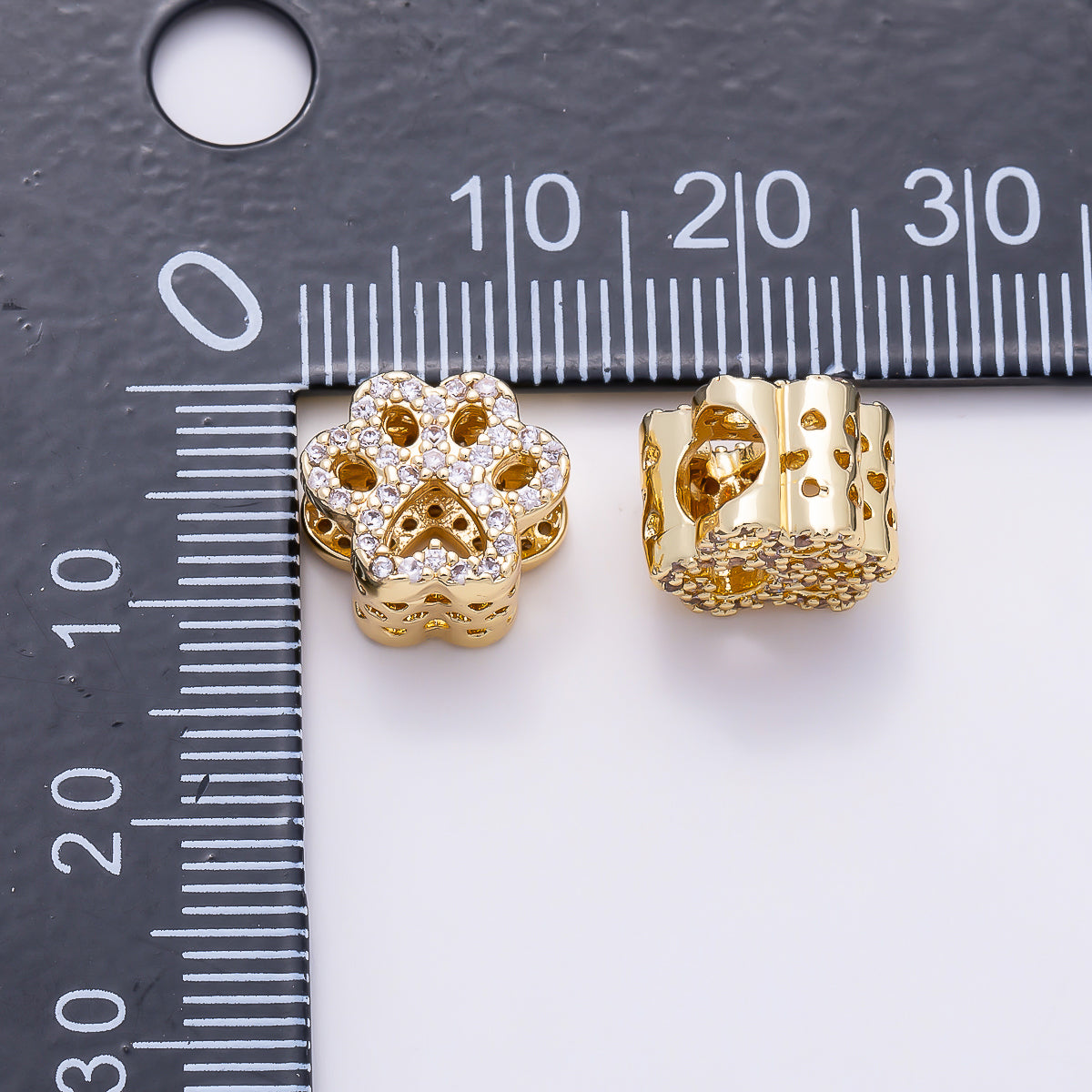16K Gold Filled 10mm Micro Paved CZ Animal Paw Print Bead in Gold & Silver | Beads-00527