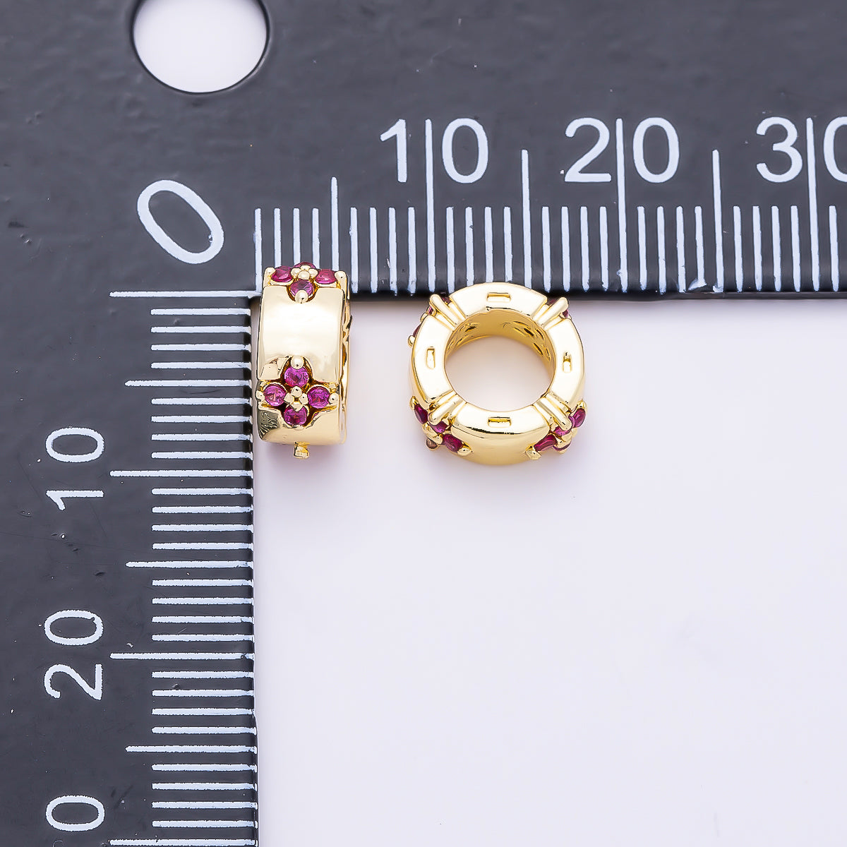16K Gold Filled 10mm Fuchsia CZ Flower Clover Rondelle Bead | Beads-00488
