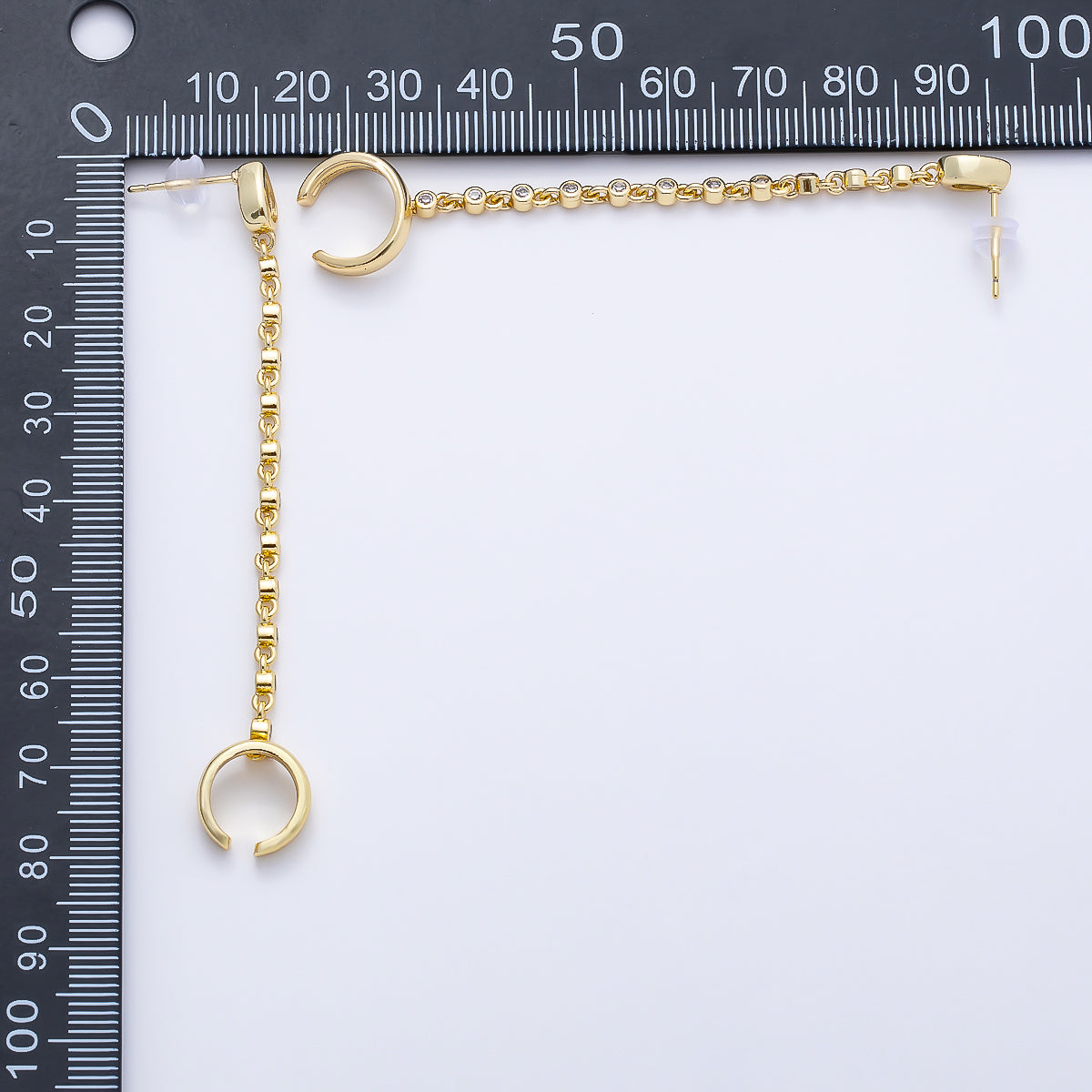 16K Gold Filled Clear CZ Teardrop Round Bezel Stud Chain Drop Ear Cuff | Earrings-00682
