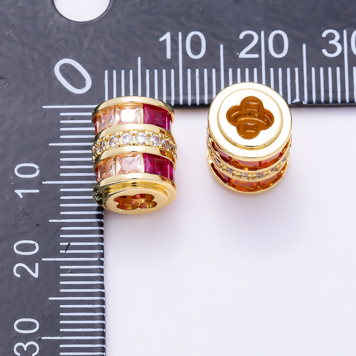 16K Gold Filled 12mm Red Pink Baguette Gradient Micro Paved CZ Wide Bead | Beads-00539