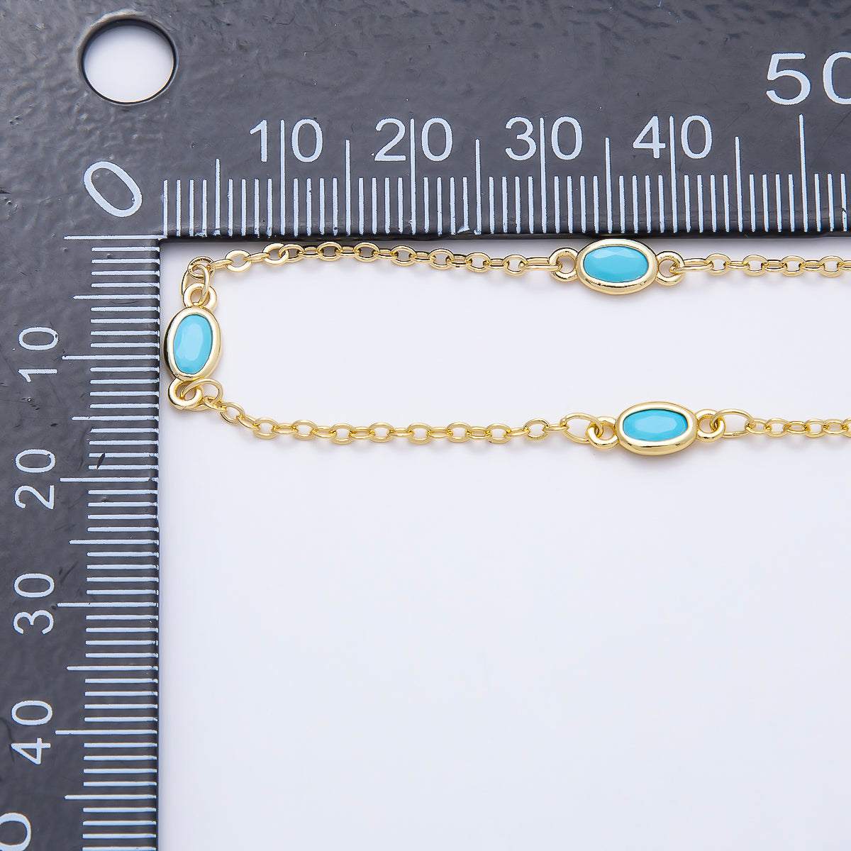 16K Gold Filled 4mm Blue Turquoise Oval Bezel Satellite Gemstone Chain by Yard | Roll-01888