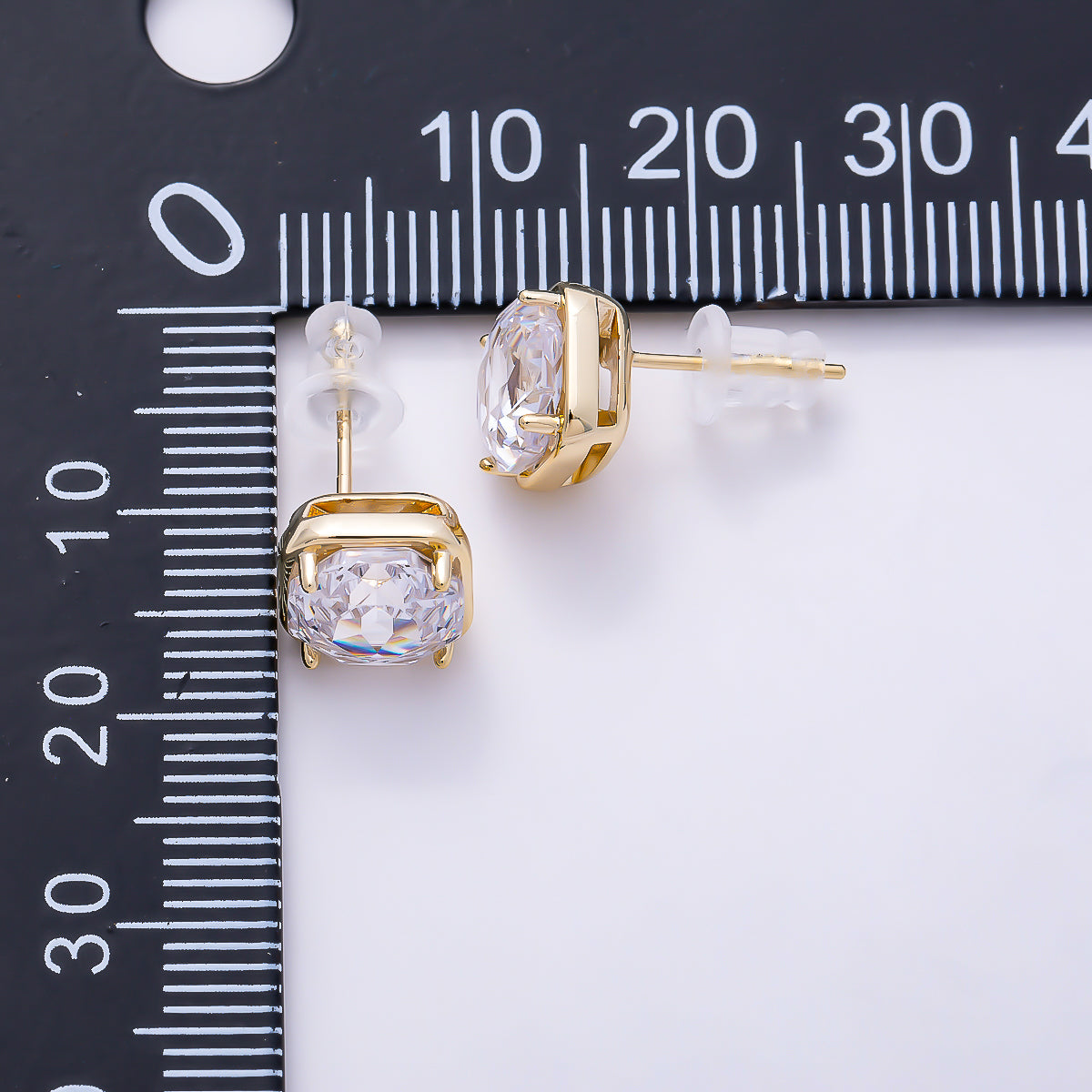 16K Gold Filled 10mm Clear CZ Rhombus Framed Radiant Solitaire Stud Earrings in Gold & Silver | Earrings-00765 - Earrings-00766
