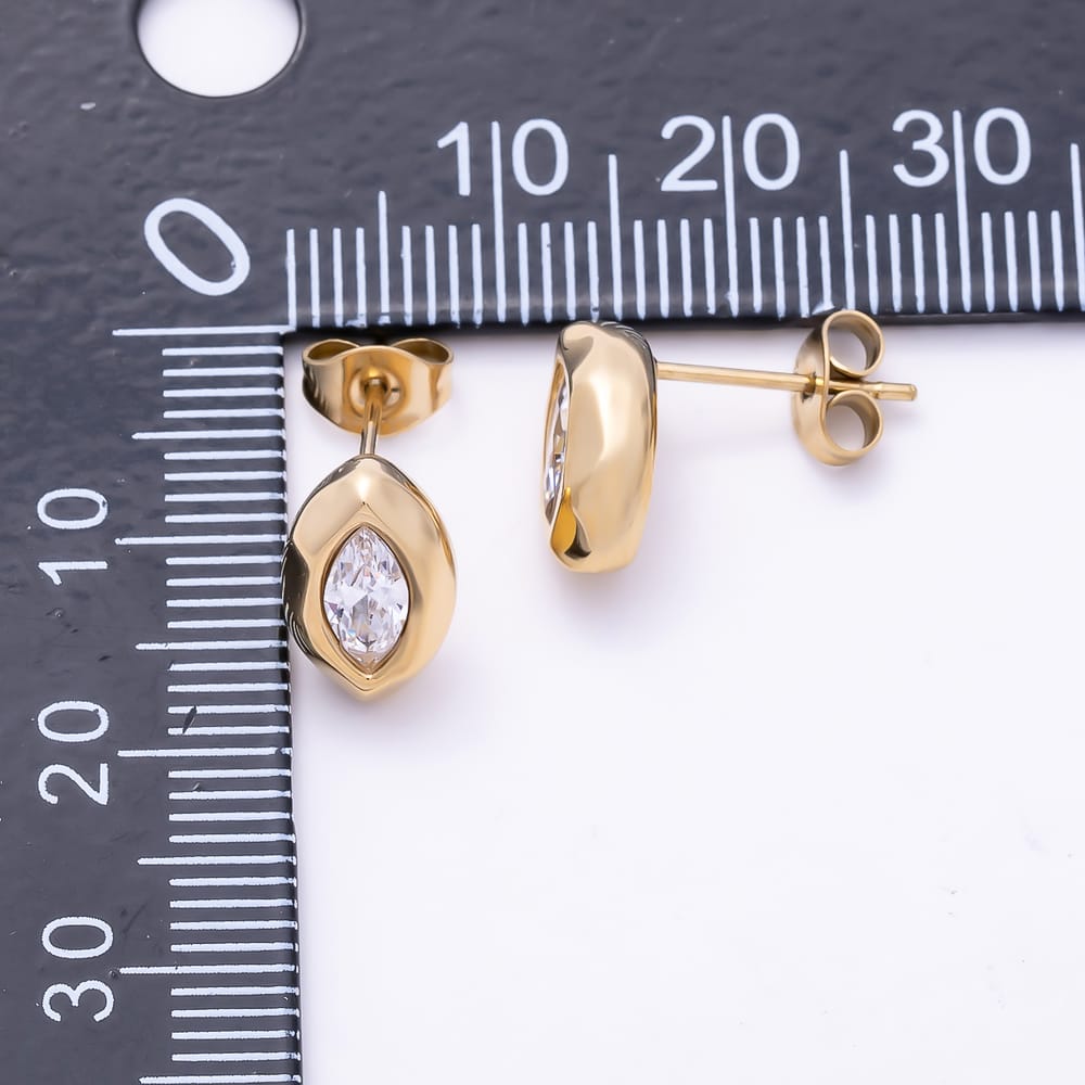 Stainless Steel 11mm Clear CZ Marquise Geometric Molten Bezel Mini Stud | Earrings-01152