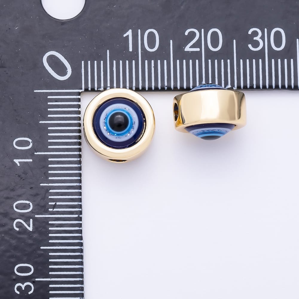 16K Gold Filled 11mm Blue Enamel Evil Eye Round Bezel Bead in Gold & Silver | Beads-00641 Beads-00642