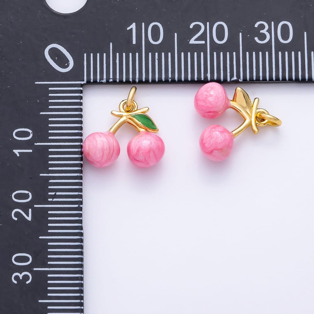 16K Gold Filled 12mm Pink Glitter Enamel Cherry Fruit 3D Multidimensional Mini Charm | Charms-02455