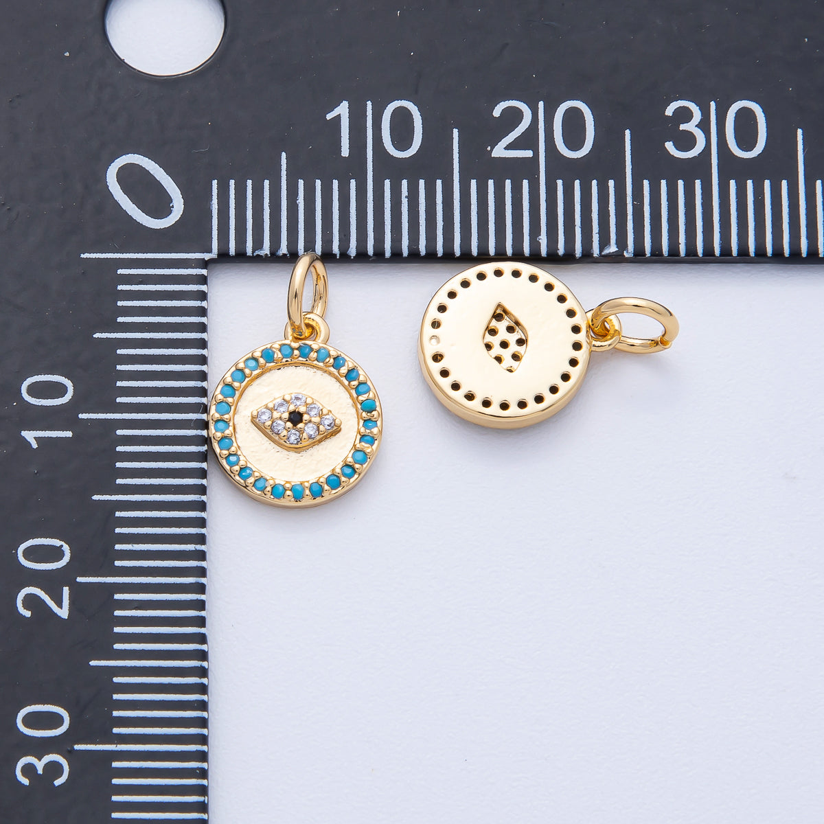 18K Gold Filled 12mm Mini Turquoise Micro Paved CZ Evil Eye Round Charm | AK187