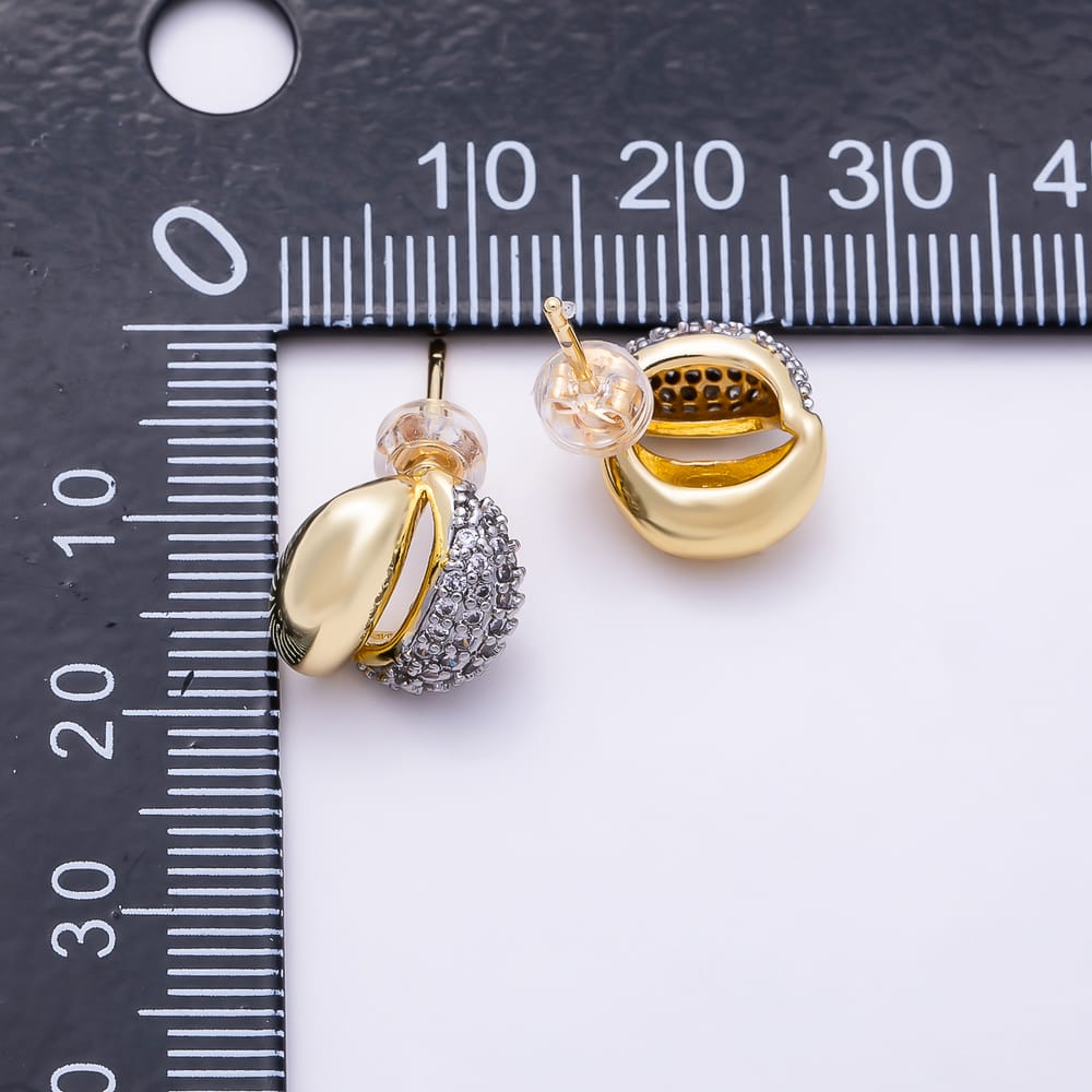 16K Gold Filled 16mm Micro Paved CZ Two Tone Curved Dome Stud Earrings| Earrings-00927