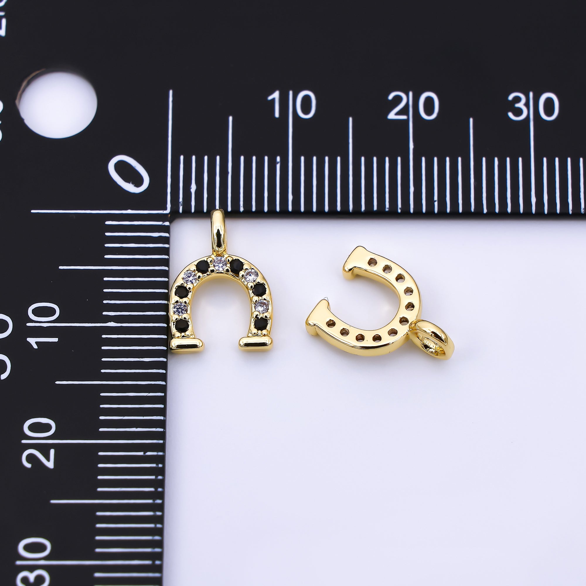 24K Gold Filled 12mm Black, Clear, Blue, Red Micro Paved CZ Horseshoe Charm | AH557 - AH558