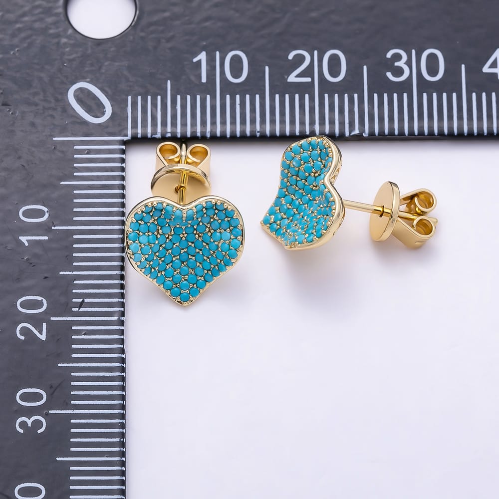 16K Gold Filled 16mm Turquoise Micro Paved CZ Love Heart Stud Earrings | Earrings-01046 - Earrings-01047