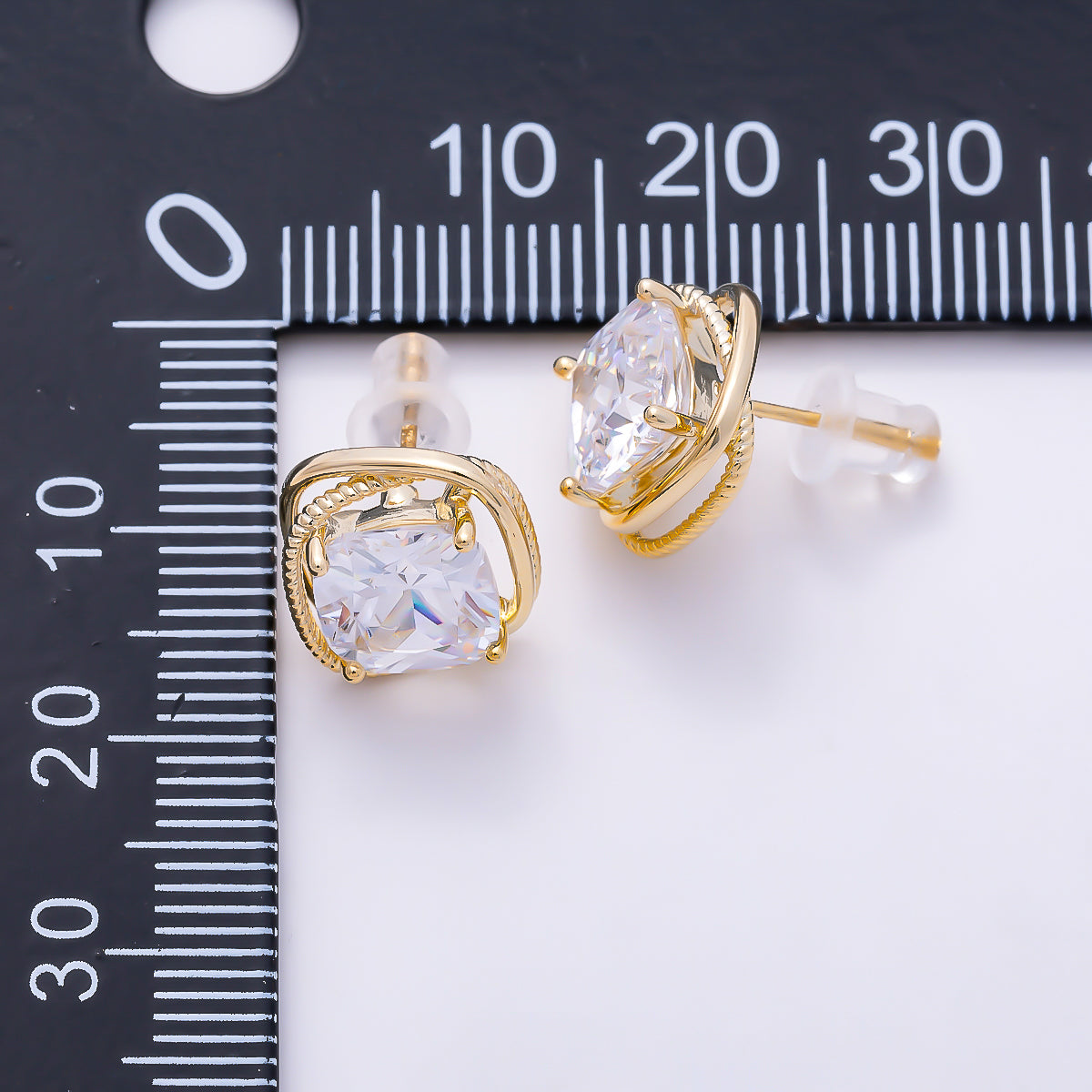 16K Gold Filled 12mm Clear CZ Solitaire Square Geometric Bezel Stud in Gold & Silver | Earrings-00769 Earrings-00770