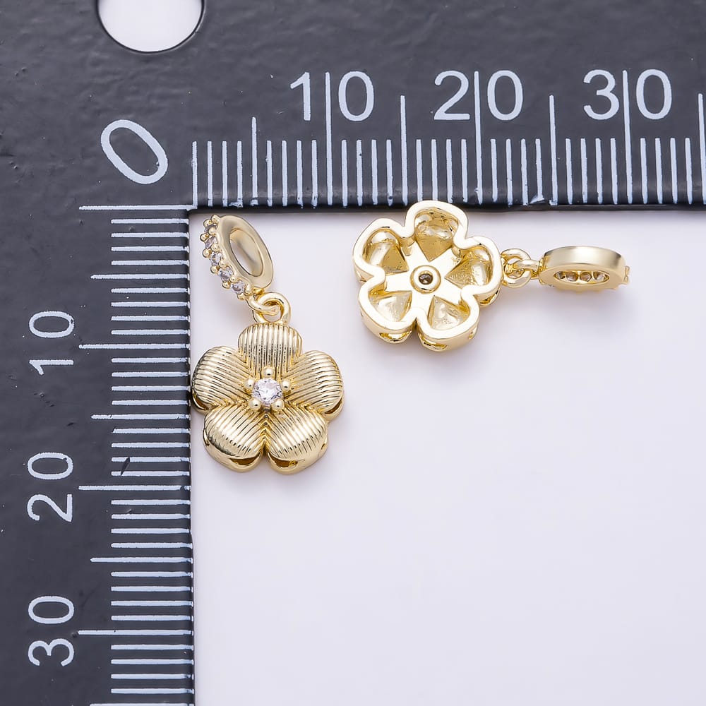 16K Gold Filled 12mm Slider Micro Paved CZ Textured 5-Petal Flower Charm | Charms-02209 - Charms-02210