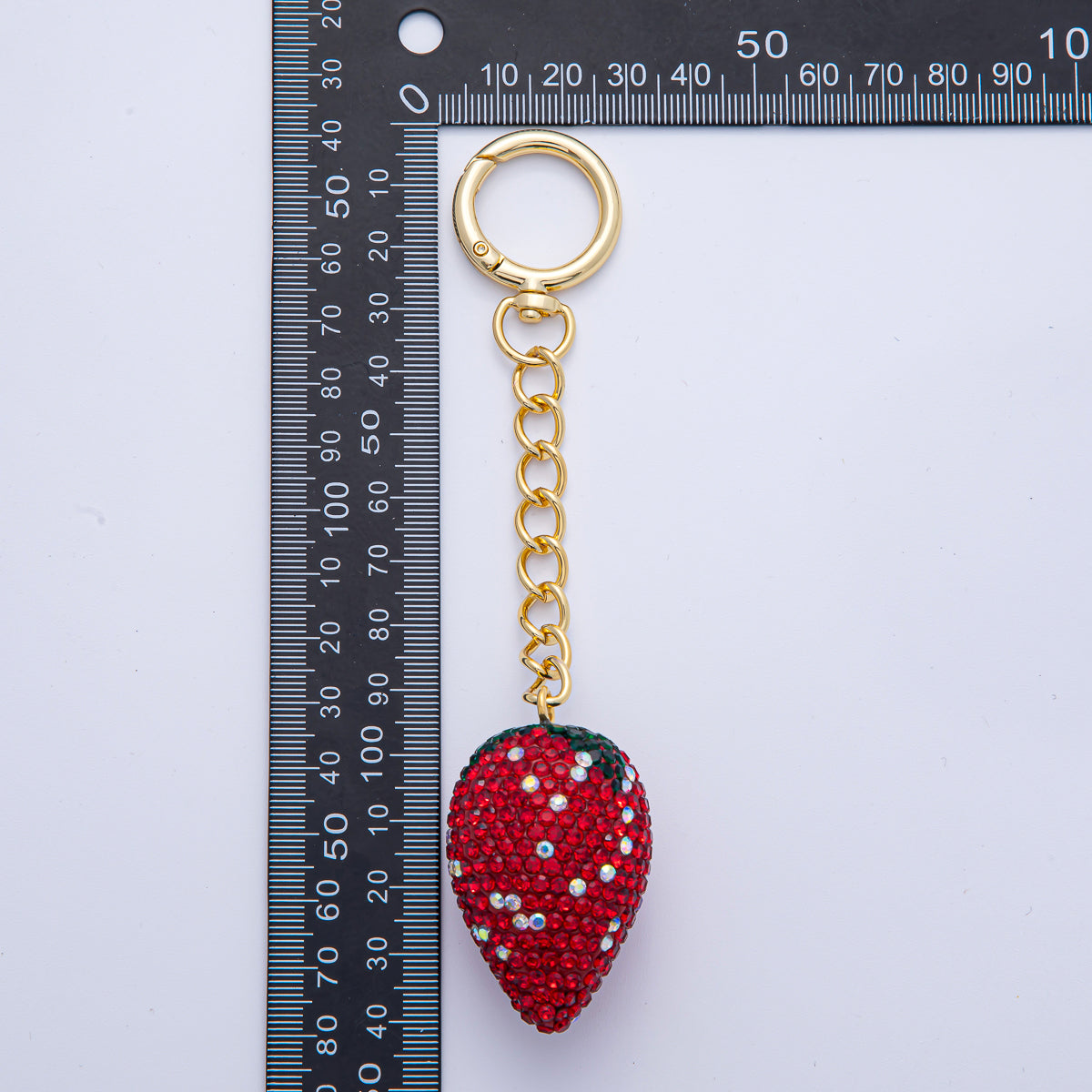 18K Gold Filled Red Strawberry Bedazzled Bag Charm Keychain Push Gate Key Ring | WB-00254