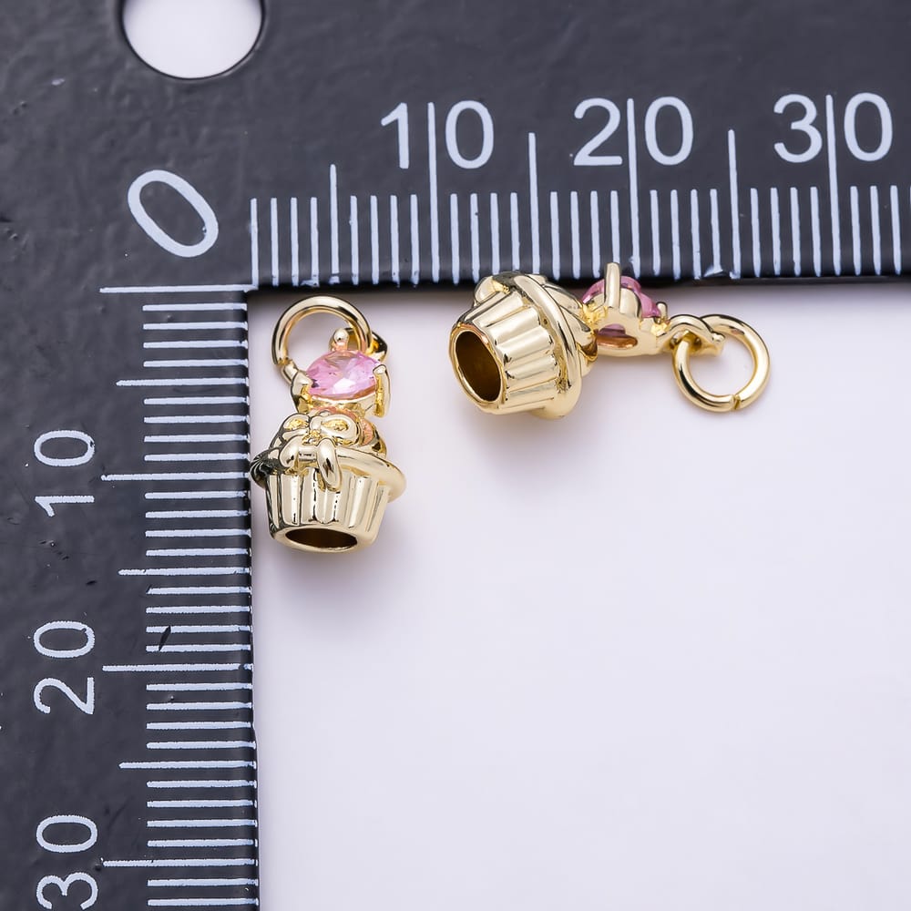 16K Gold Filled 12mm Purple, Pink Heart CZ Cupcake Dessert 3D Multidimensional Charm | Charms-02245 Charms-02246
