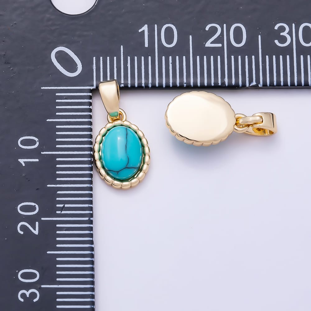 16K Gold Filled 15mm Turquoise, Tiger Eye Cabochon Bezel Oval Pendant in Gold & Silver | Charms-02335 ~ Charms-02338