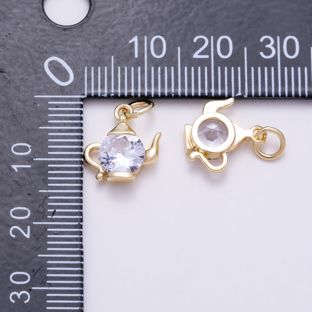 16K Gold Filled 12mm Solitaire Round Clear CZ Teapot Kettle Charm | Charms-02194