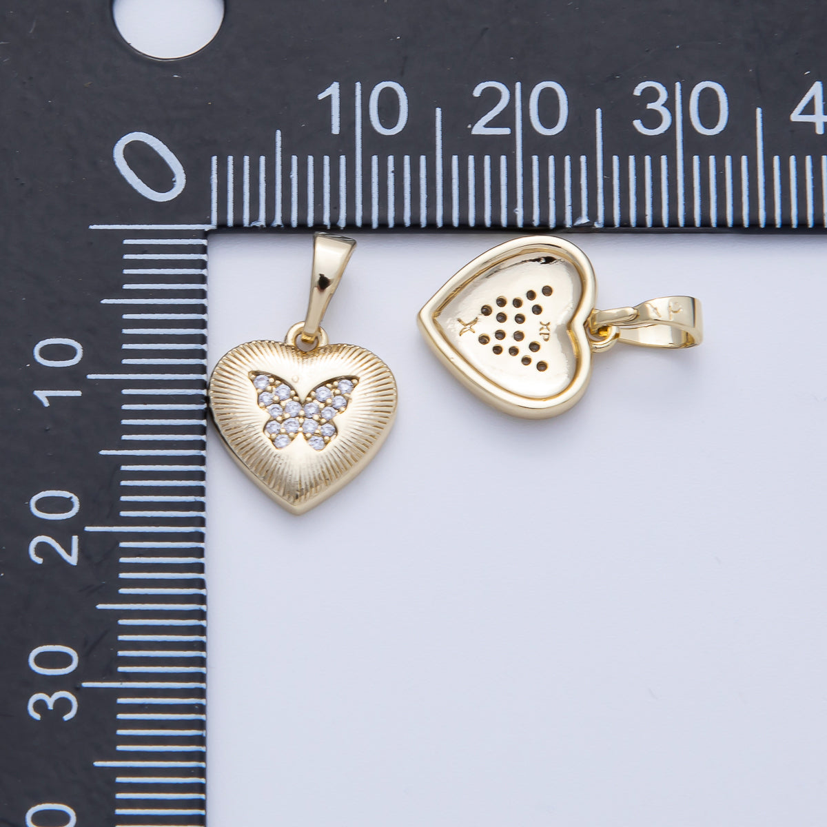 14K Gold Filled 12.5mm Micro Paved CZ Butterfly Ribbed Heart Pendant | Charms-00087