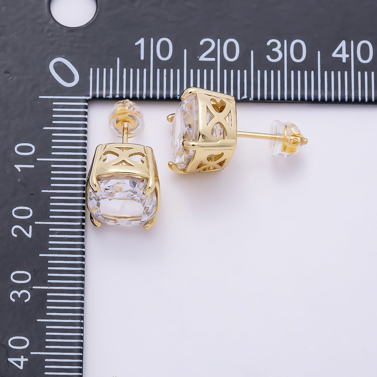 16K Gold Filled 11mm Clear CZ Rounded Oval Baguette Prong Stud | Earrings-00694