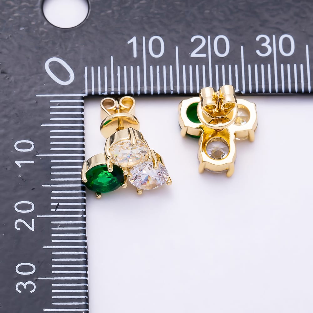 16K Gold Filled 15mm Trio Round Emerald Green Clear Yellow CZ Cluster Stud Earrings | Earrings-00935