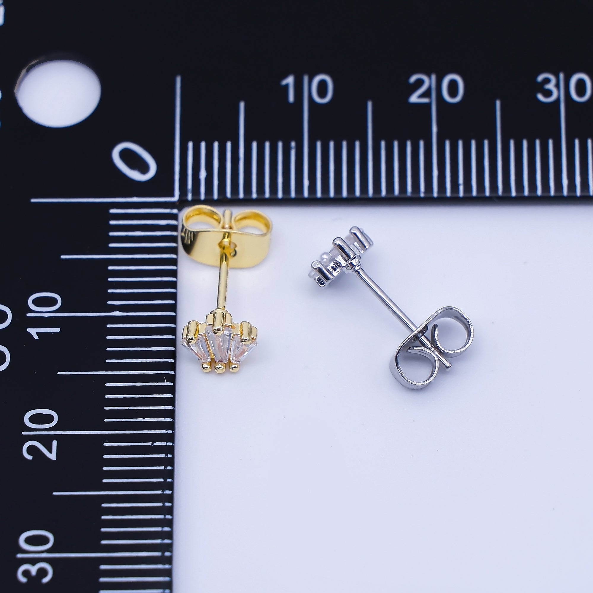 24K Gold Filled Triple Clear Baguette Stud Earrings in Silver & Gold | AB1632 AB1633