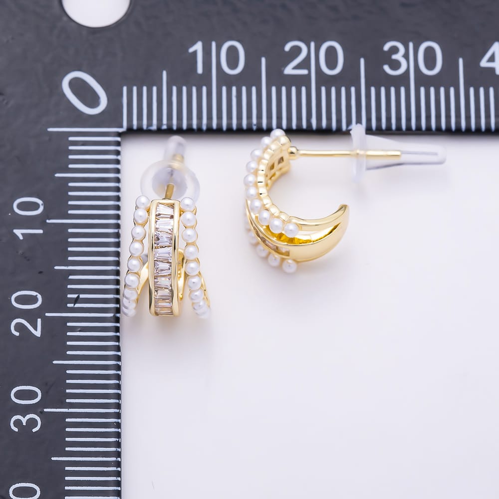 16K Gold Filled 16mm Baguette CZ & Shell Pearl Edged C-Hoop Earrings | Earrings-00985 - Earrings-00986