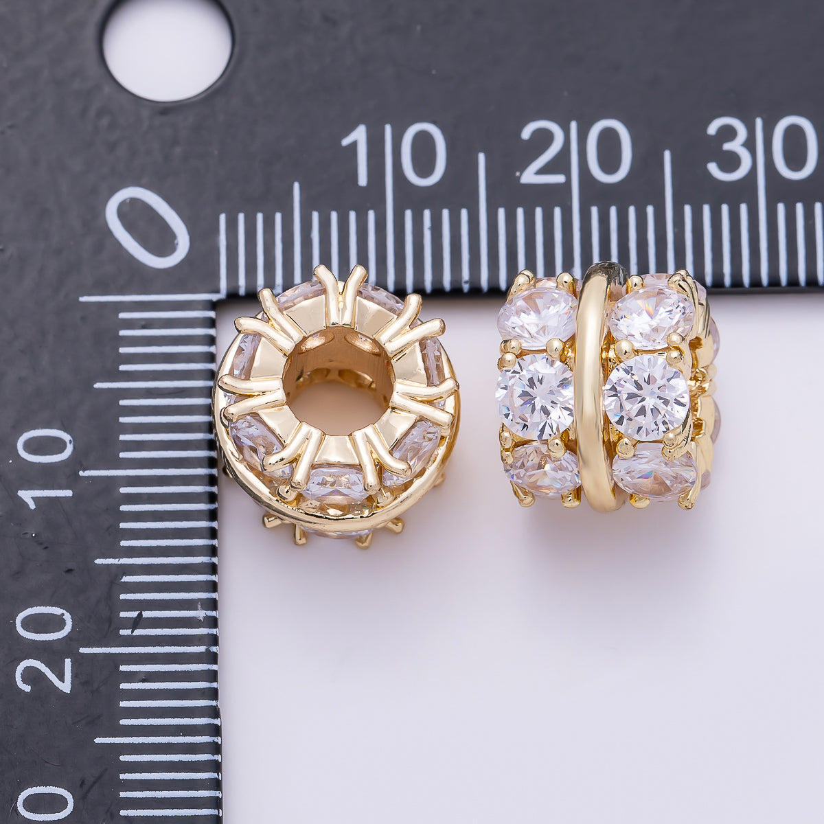 16K Gold Filled 10.5mm Double Micro Paved CZ Lined Rondelle Bead | Beads-00534