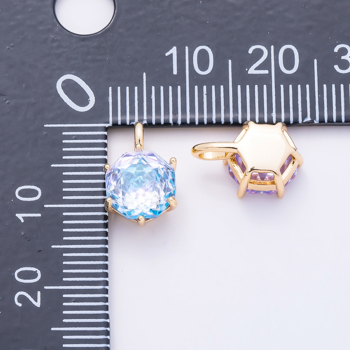 16K Gold Filled 13mm Blue, Pink, Purple, Clear, Yellow Round CZ Solitaire Charm | Charms-01062 ~ Charms-01068
