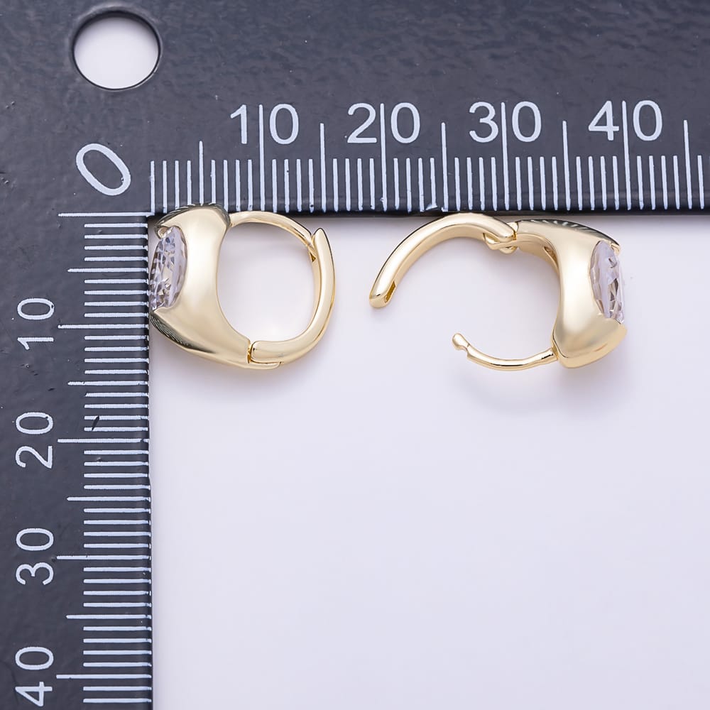 16K Gold Filled 15mm Round Clear CZ Solitaire Chunky Huggie Hoop Earrings | Earrings-00939