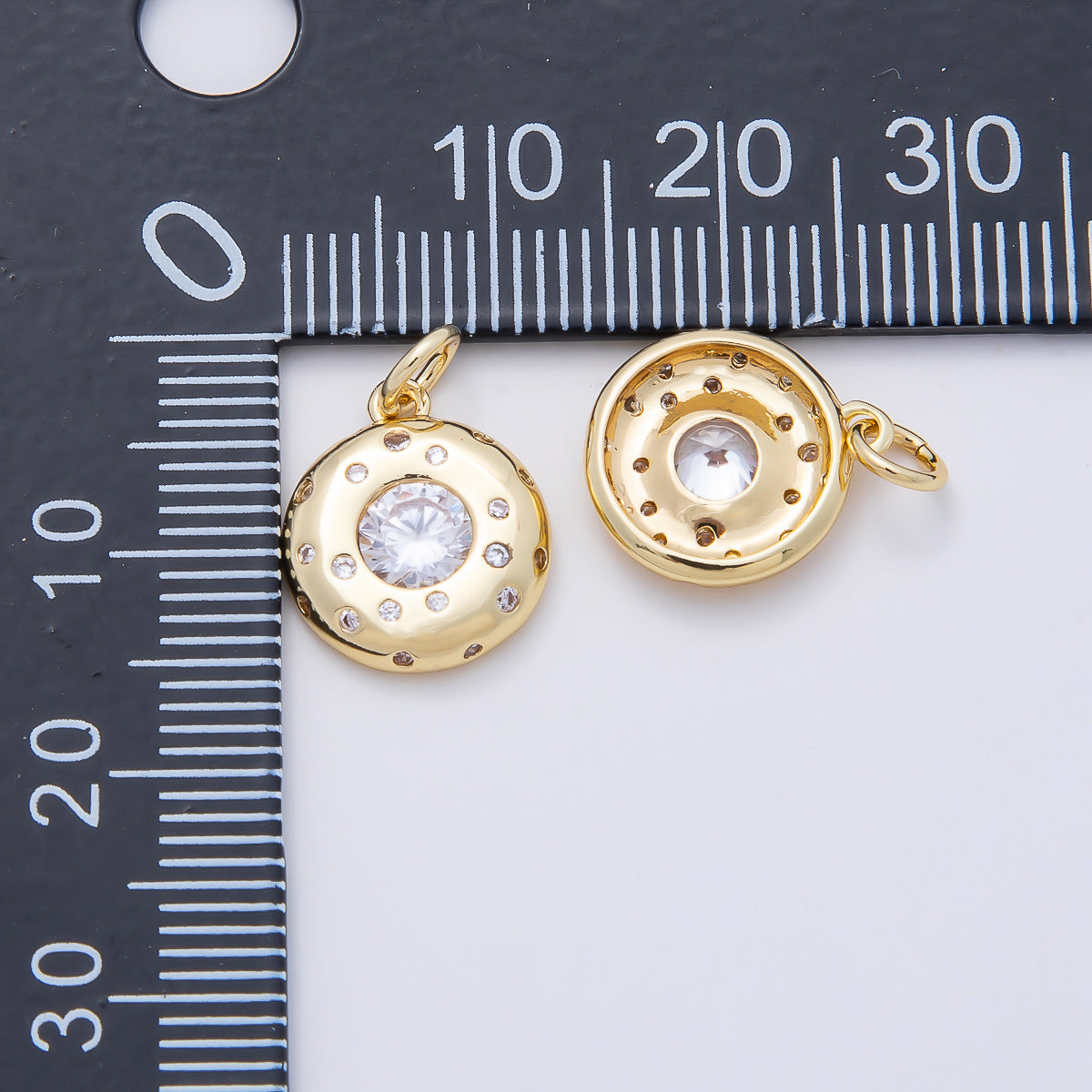16K Gold Filled 13mm Clear CZ Round Dotted Bezel Charm | Charms-00979