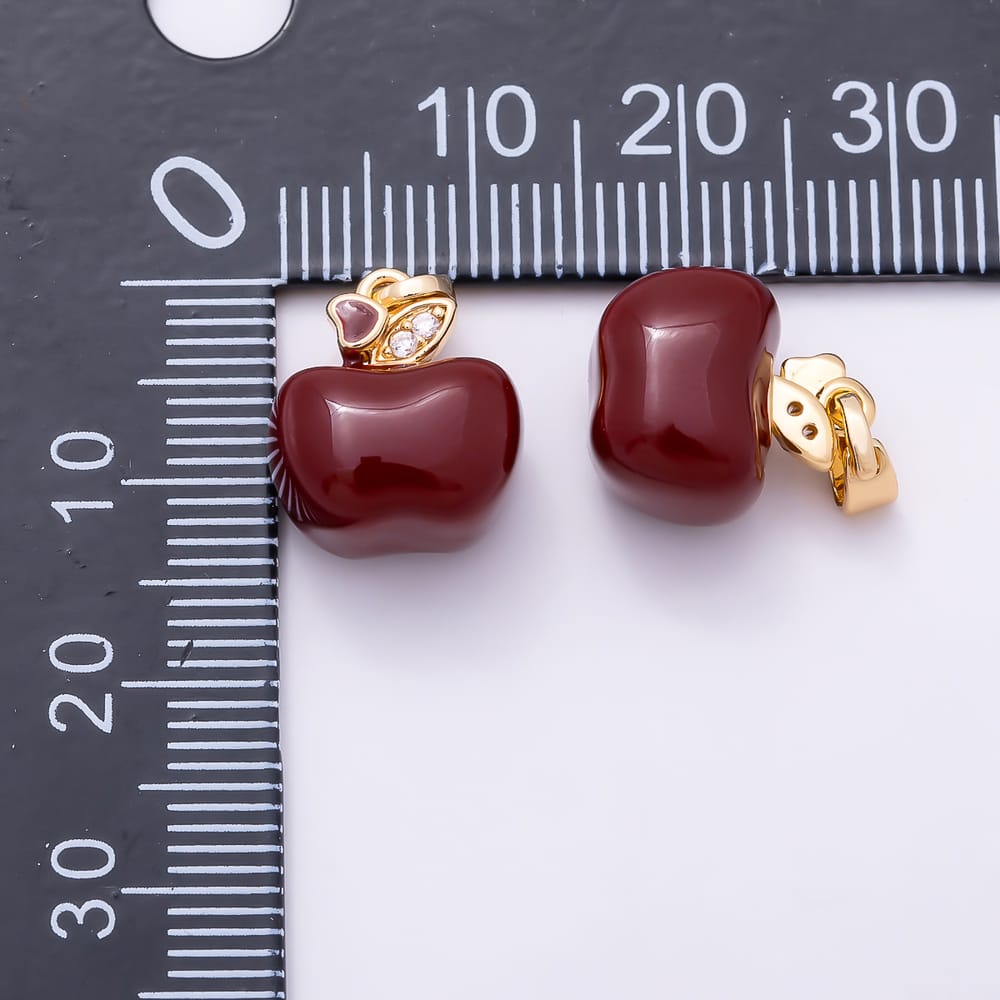 16K Gold Filled 13mm Clear Micro Paved CZ Red Enamel Apple Fruit Pendant | Charms-02323
