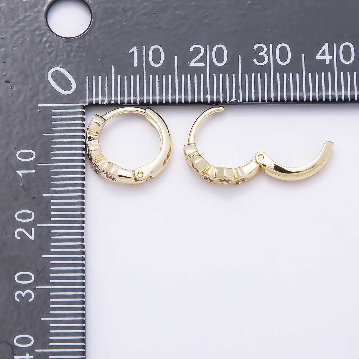 16K Gold Filled 13mm Clear CZ Hexagonal Bezel Huggie Earrings | Earrings-00430