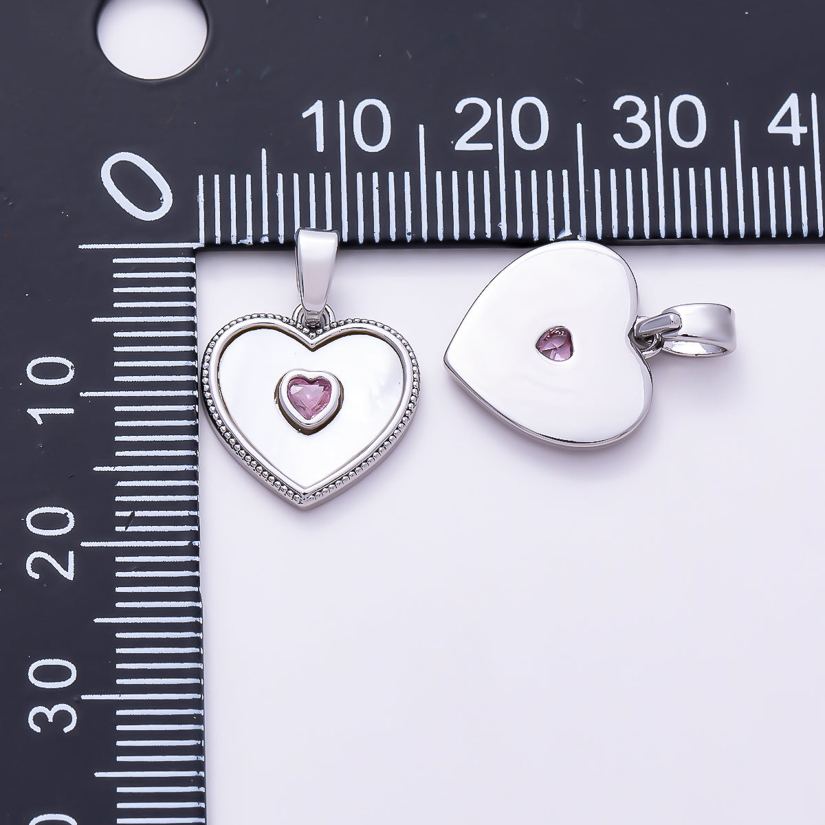 Silver 14mm Pink CZ Shell Pearl Ribbed Bezel Heart Pendant | Charms-01517