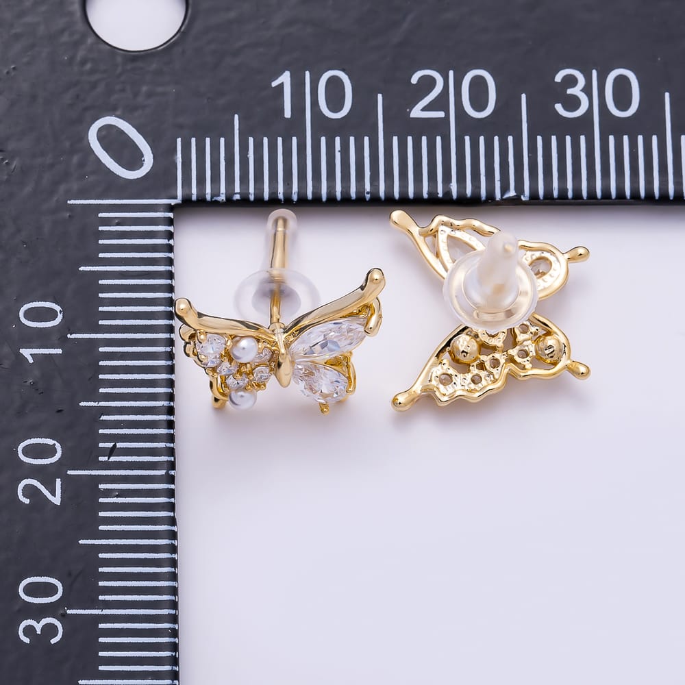 16K Gold Filled 14mm Multi Cut CZ Shell Pearl Butterfly Mariposa Stud Earrings| Earrings-01019 - Earrings-01020