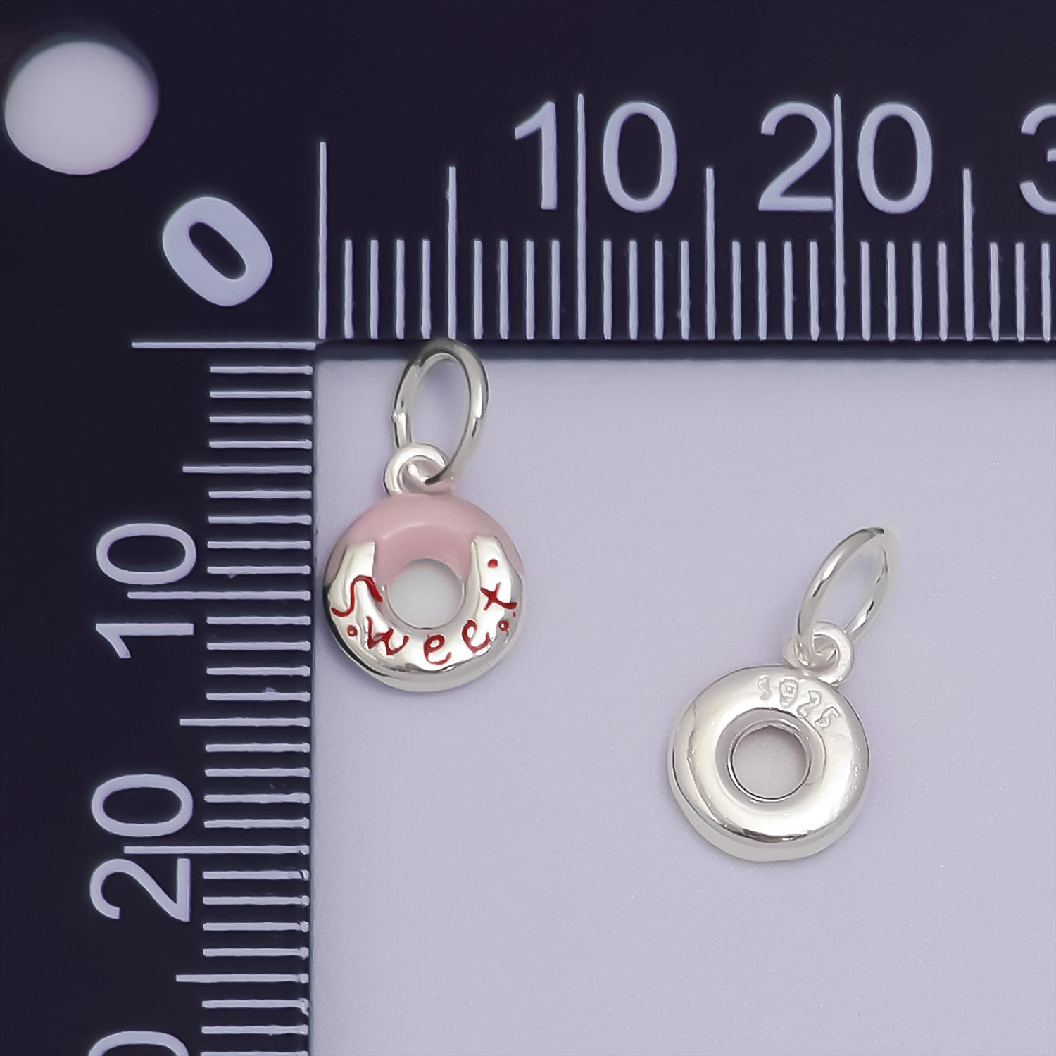 S925 Sterling Silver "Sweet" Script Donut Enamel Open Round Charm | SL-427