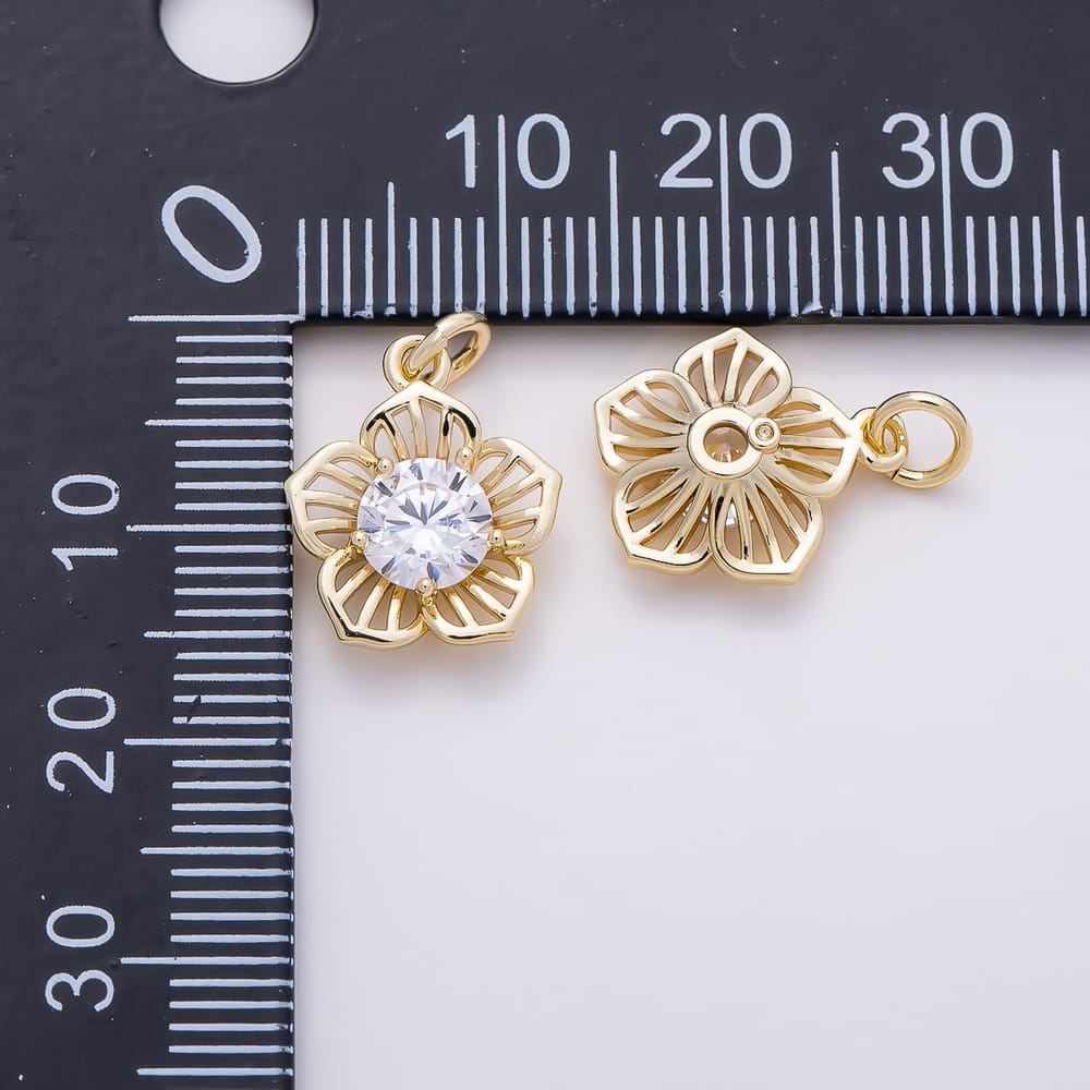 16K Gold Filled 14mm Clear CZ Round Open Flower Charm in Gold & Silver | Charms-02272 Charms-02273