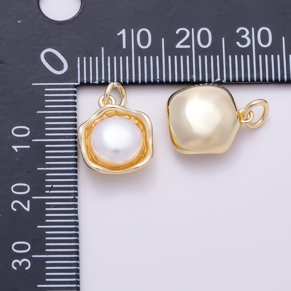 16K Gold Filled 14mm Shell Pearl Irregular Molten Bezel Round Charm in Gold & Silver | Charms-02136 Charms-02137