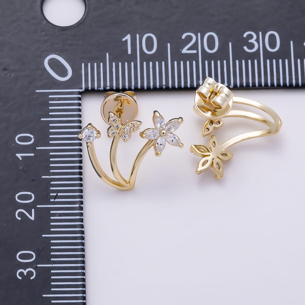 16K Gold Filled 16mm Round & Marquise CZ Triple Curved Flower Butterfly Garden Stud Earrings| Earrings-00973