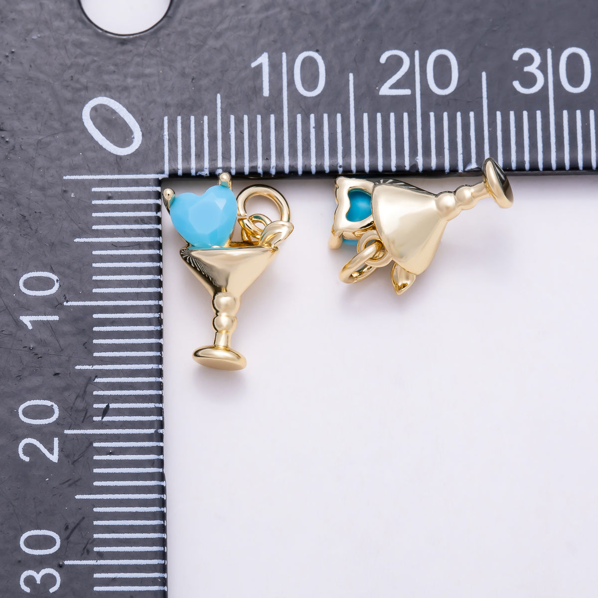 16K Gold Filled 14mm Turquoise Gemstone Heart Cocktail Martini Glass 3D Multidimensional Charm | Charms-02056