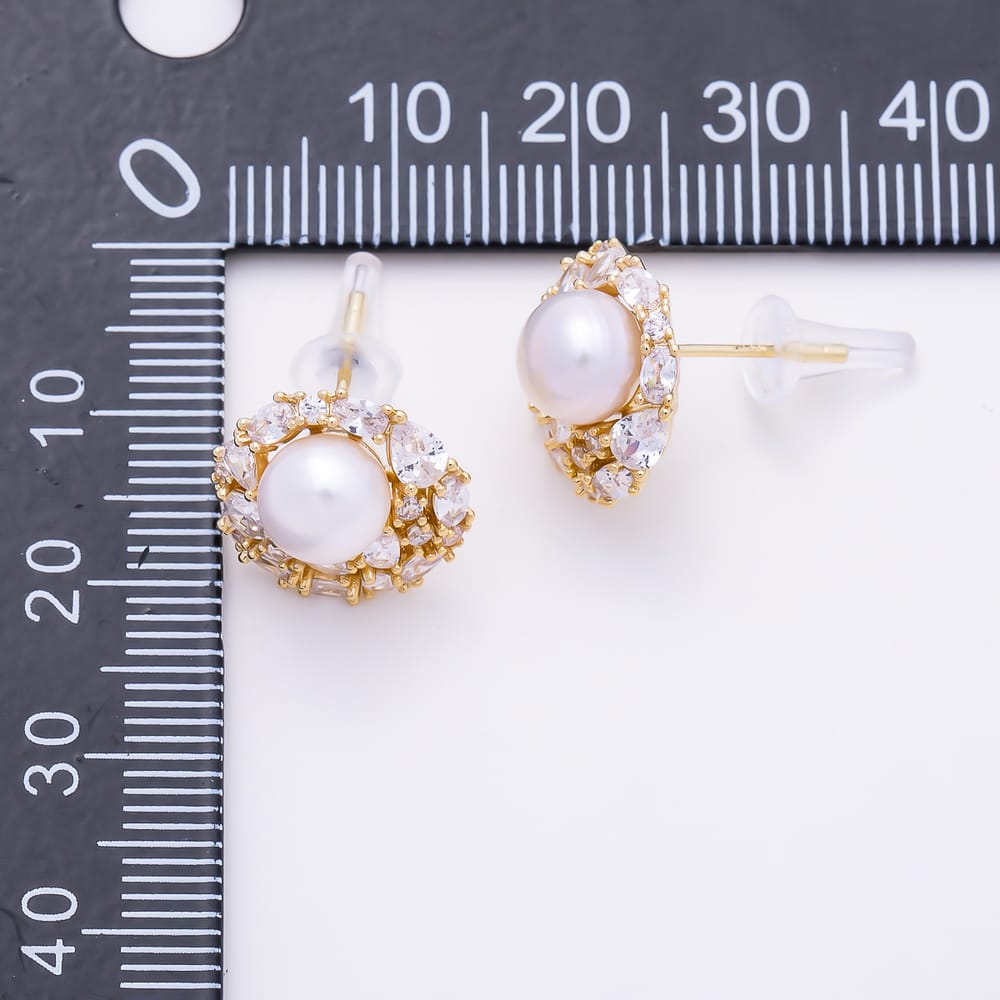 16K Gold Filled 19mm Round Shell Pearl CZ Floral Stud Earrings| Earrings-00979 - Earrings-00980