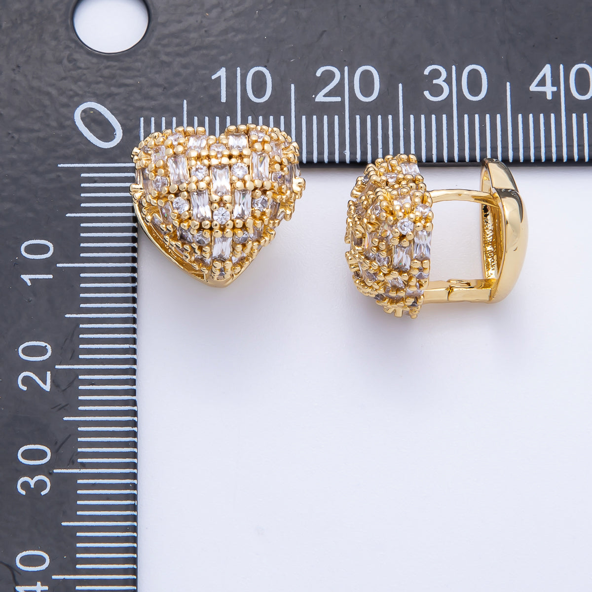14K Gold Filled 14mm Clear CZ Baguette Heart Huggie Earring in Gold & Silver | Earrings-00019 Earrings-00020