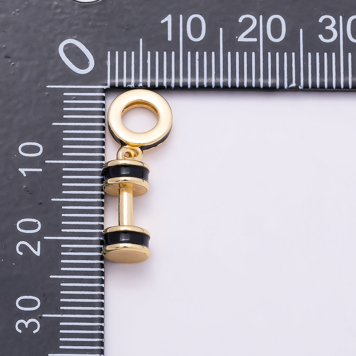 16K Gold Filled 14mm Black Enamel Dumbbell Fitness Drop Rondelle Pendant | Charms-00964