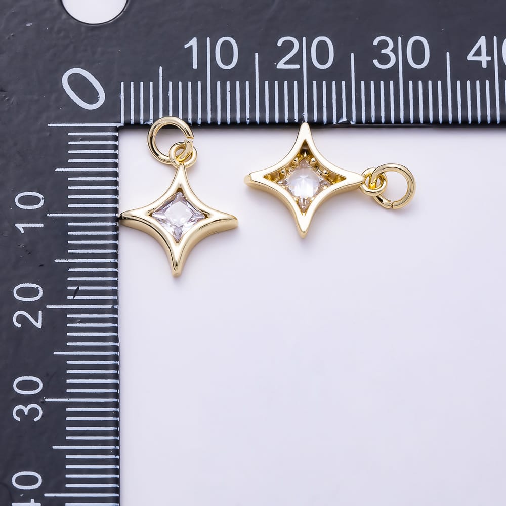 16K Gold Filled 15mm 4-Point Starburst Princess Cut Clear CZ Charm | Charms-02162